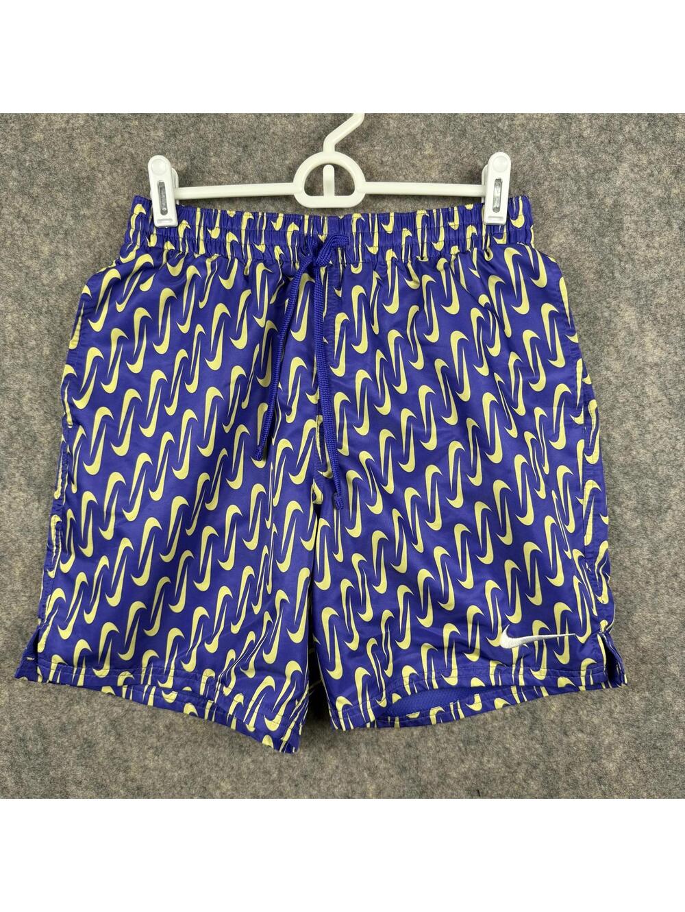 Nike Men’s Swim Trunks Suit Liner Purple Yellow Swoosh Size Small EUC 573